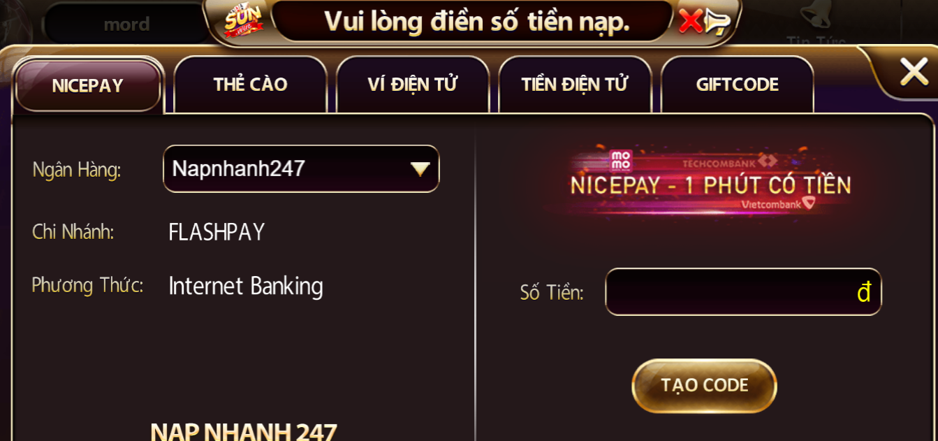 Hướng dẫn nạp tiền Sunwin